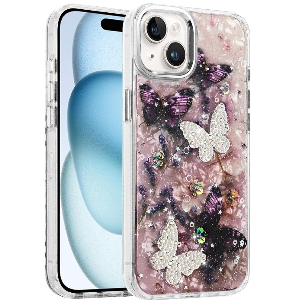 For Apple iPhone 15 Plus /14 Plus Epoxy Glitter Flowers Bling 3D Butterfly Fashion TPU Hybrid with Shockproof Protection Case Cover