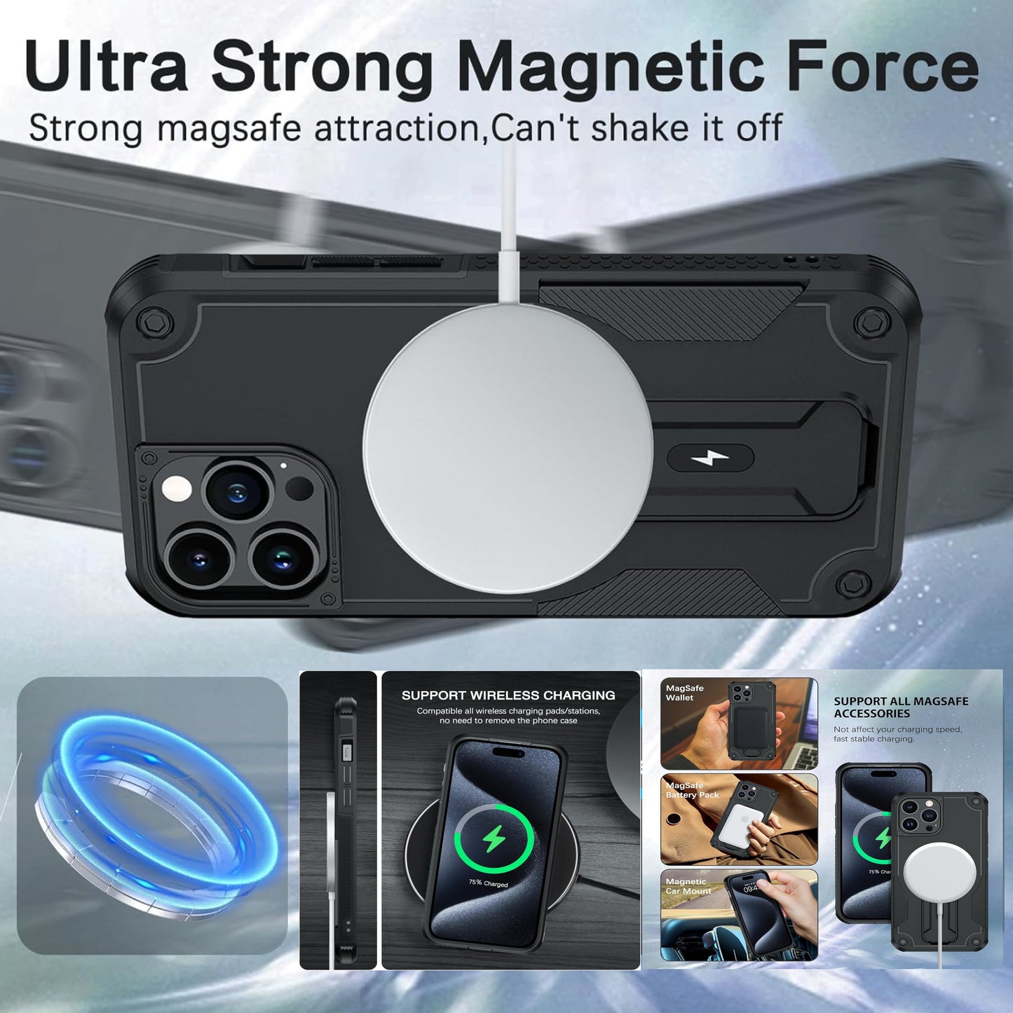 For Apple iPhone 16 Pro (6.3") Hybrid Tuff Case with Folding Stand Magnetic Holder Compatible with MagSafe [Military Shockproof] Case Cover
