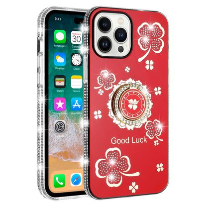 For Apple iPhone XR Diamonds Bling All Around Edges Sparkly Glitter Hybrid Ring Stand Holder Fashion Good Luck Case Cover