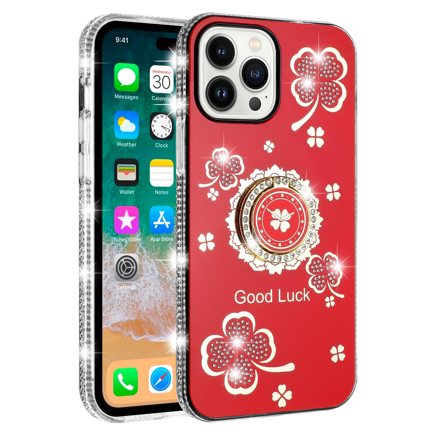 For Samsung Galaxy S23+ Plus Diamonds Bling All Around Edges Sparkly Glitter Hybrid Ring Stand Holder Fashion Good Luck Case Cover
