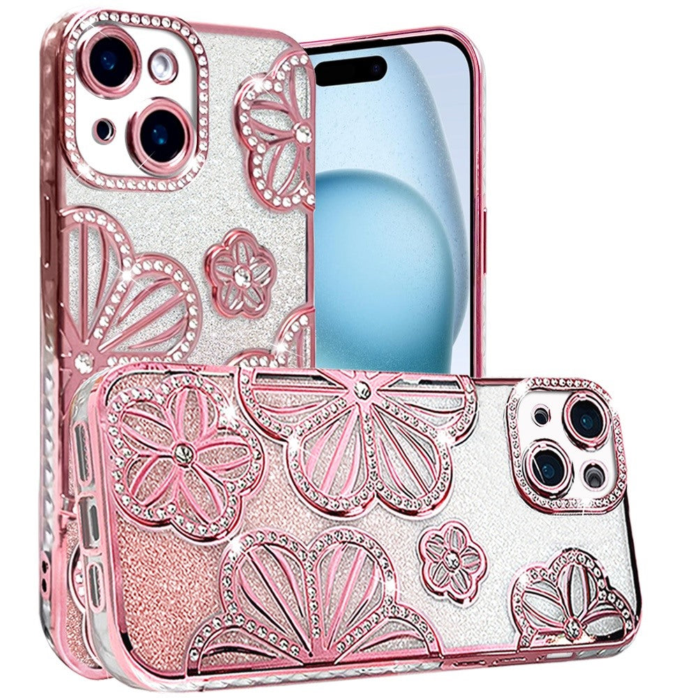 For Apple iPhone 15 /6.1" Luxury Floral Design Sparkle Glitter Diamond Crystal Rhinestone Shimmer Bling Plating Thick TPU Hard PC Case Cover