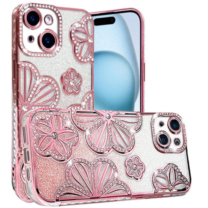 For Apple iPhone 15 /6.1" Luxury Floral Design Sparkle Glitter Diamond Crystal Rhinestone Shimmer Bling Plating Thick TPU Hard PC Case Cover