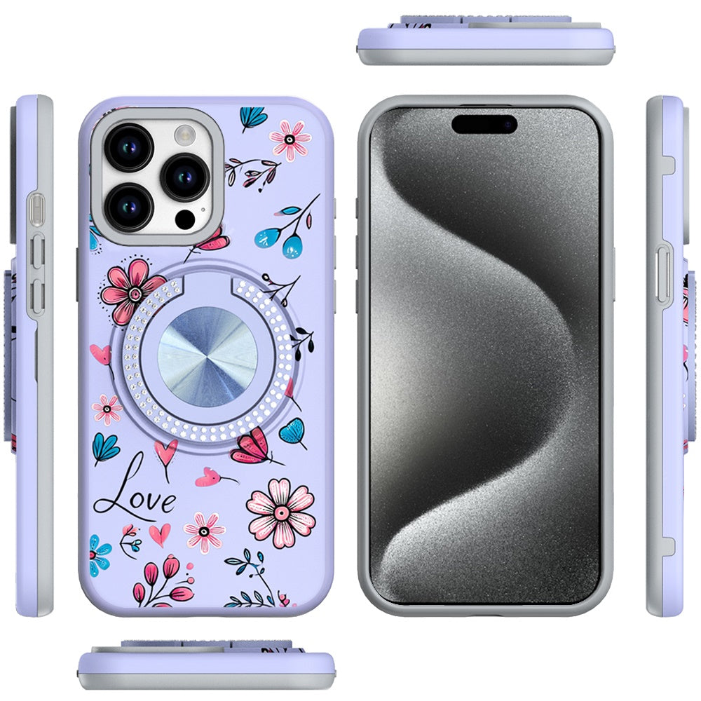 For Apple iPhone 14 Pro Max Pattern Design Hybrid with Invisible Ring Stand & Magnetic Back, Shockproof Protective Grip Case Cover