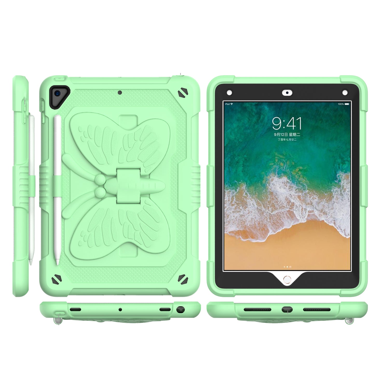 For Butterfly Wings Kickstand 3in1 Tough Hybrid with Pencil Holder Heavy Duty Rugged Shockproof Full Protective Green Tablet Case Cover