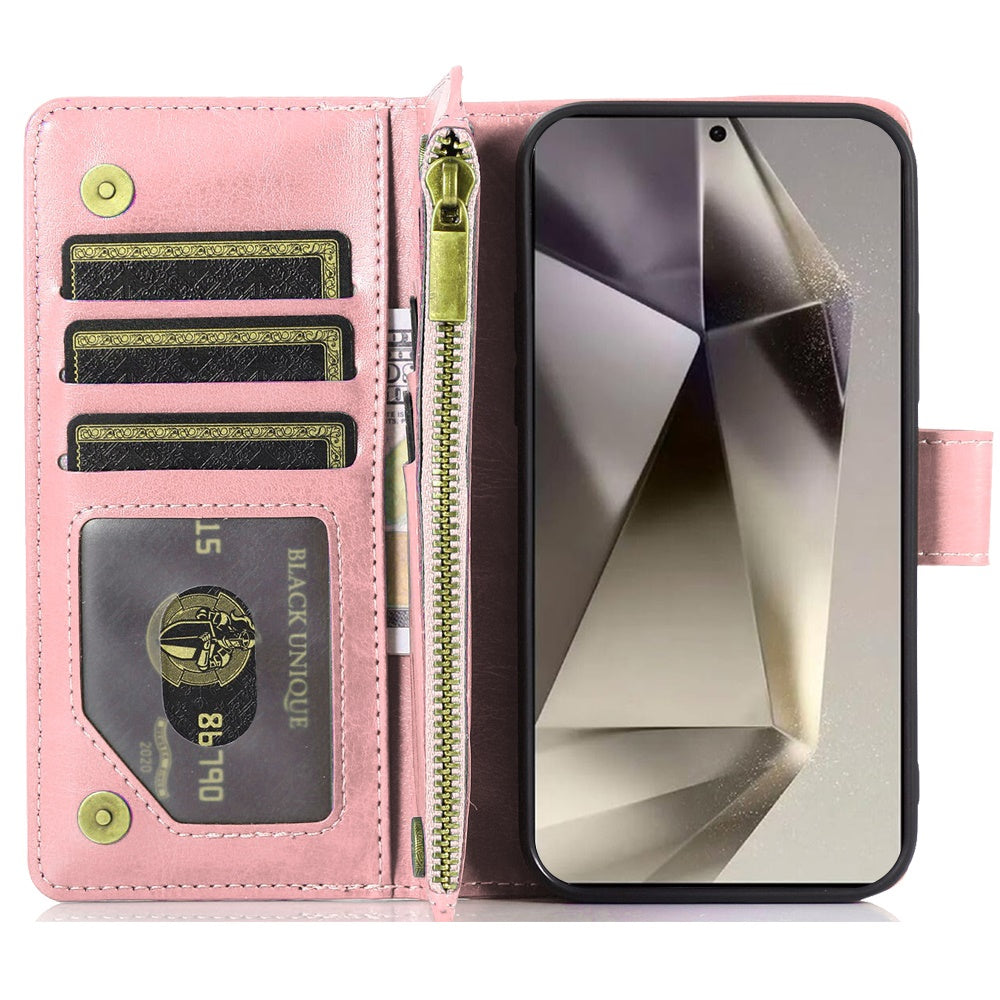 For Motorola Edge 2025 Leather Wallet Case with Zipper, 9 Card Slots, Cash Pocket, Stand & Strap, Clutch Pouch Design Case Cover Rose Gold
