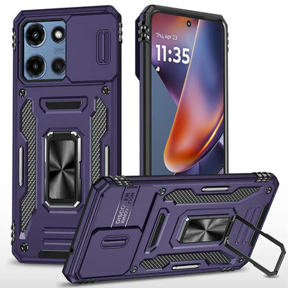 For Motorola Moto G 5G 2025 Tough Hybrid Case with Movable Camera Window & Metal Ring Stand Shockproof Case Cover