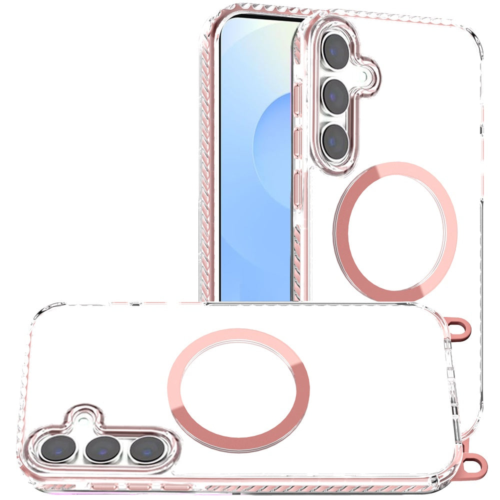 For Samsung Galaxy S25+ /S25 Plus /S24+ Plus Clear Magnetic Frame PC Back Shockproof Protective Case with Detachable Lanyard Strap, Compatible with MagSafe Case Cover