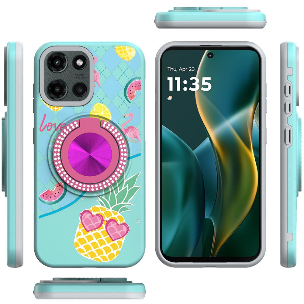 For Samsung Galaxy A16 Pattern Design Hybrid with Invisible Ring Stand & Magnetic Back, Shockproof Protective Grip Case Cover Pineapple Love Vibe