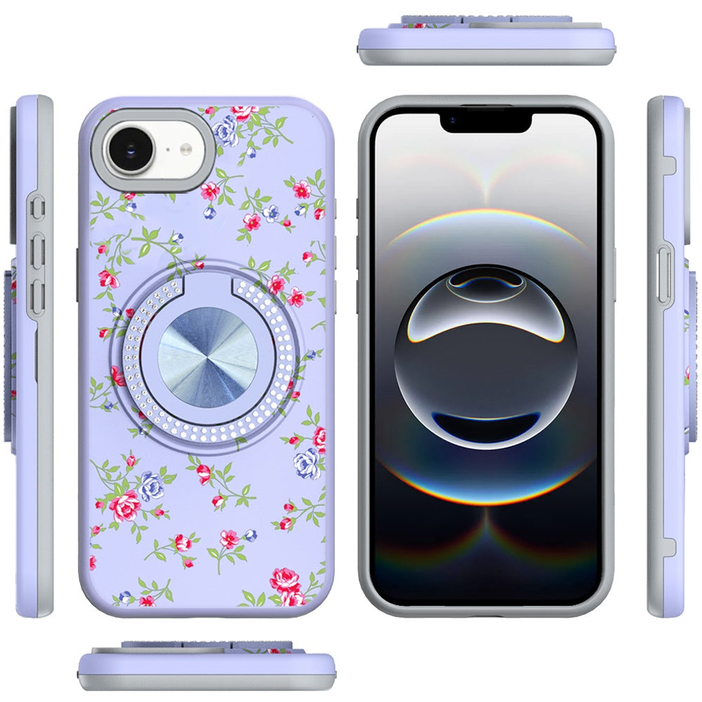 For Apple iPhone 16e Pattern Design Hybrid with Invisible Ring Stand & Magnetic Back, Shockproof Protective Grip Case Cover Purple Spring Floral