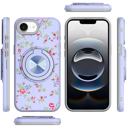 For Apple iPhone 16e Pattern Design Hybrid with Invisible Ring Stand & Magnetic Back, Shockproof Protective Grip Case Cover Purple Spring Floral