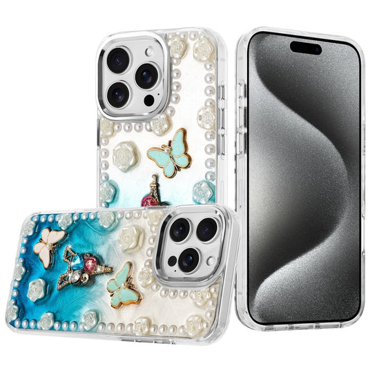 For Apple iPhone 14 Pro Max Bling Fashion Design with 3D Pearls Epoxy Glitter Ornaments Chrome Edge Hard Slim PC Case Cover