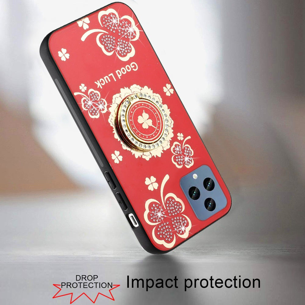 For Apple iPhone SE 4 Diamonds 3D Fashion Floral Bling Sparkly Glitter Ornaments Engraving Hybrid with Ring Stand Case Cover Red Good Luck Floral