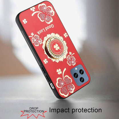 For Apple iPhone SE 4 Diamonds 3D Fashion Floral Bling Sparkly Glitter Ornaments Engraving Hybrid with Ring Stand Case Cover Red Good Luck Floral