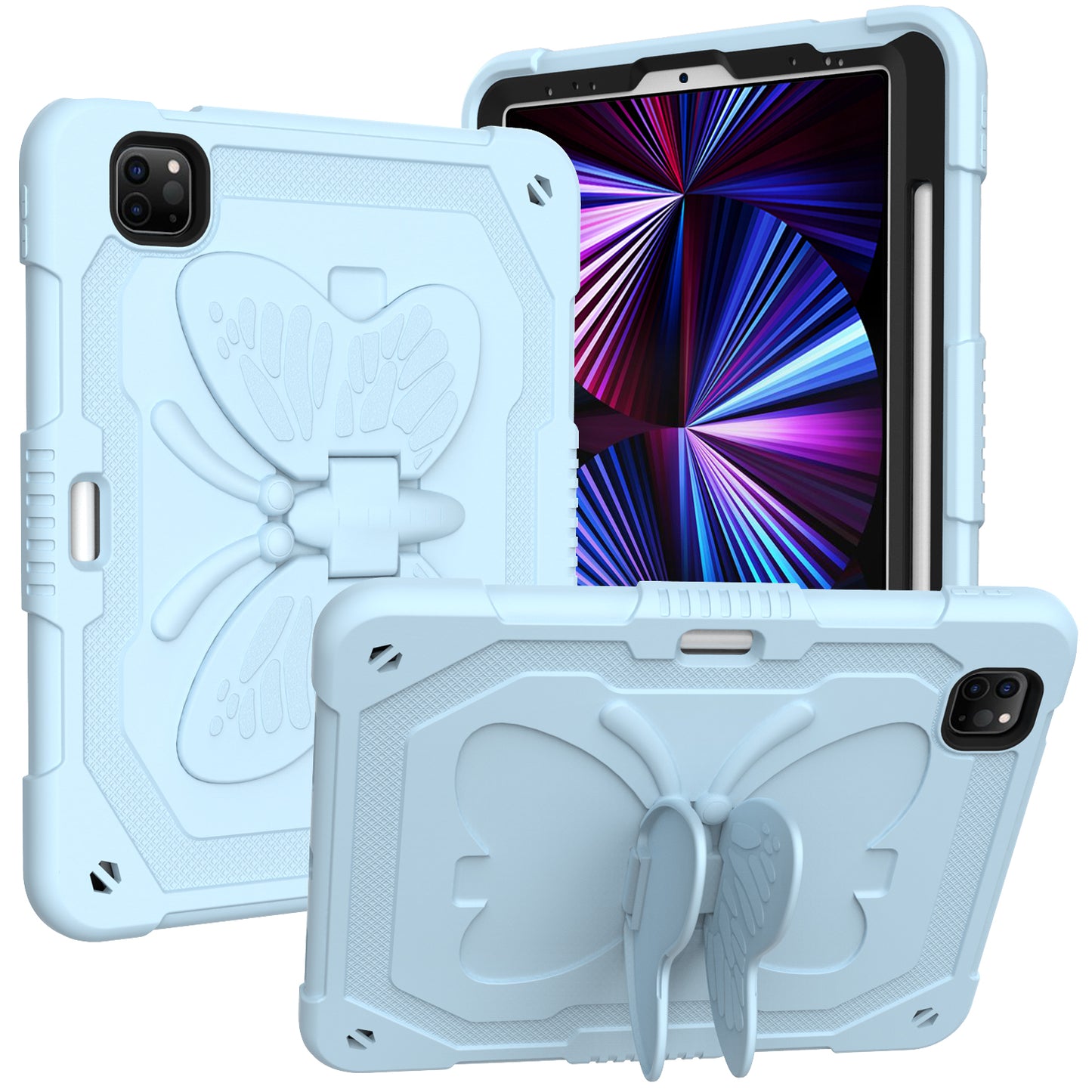 For Butterfly Wings Kickstand 3in1 Tough Hybrid with Pencil Holder Heavy Duty Rugged Shockproof Full Protective Light Blue Tablet Case Cover