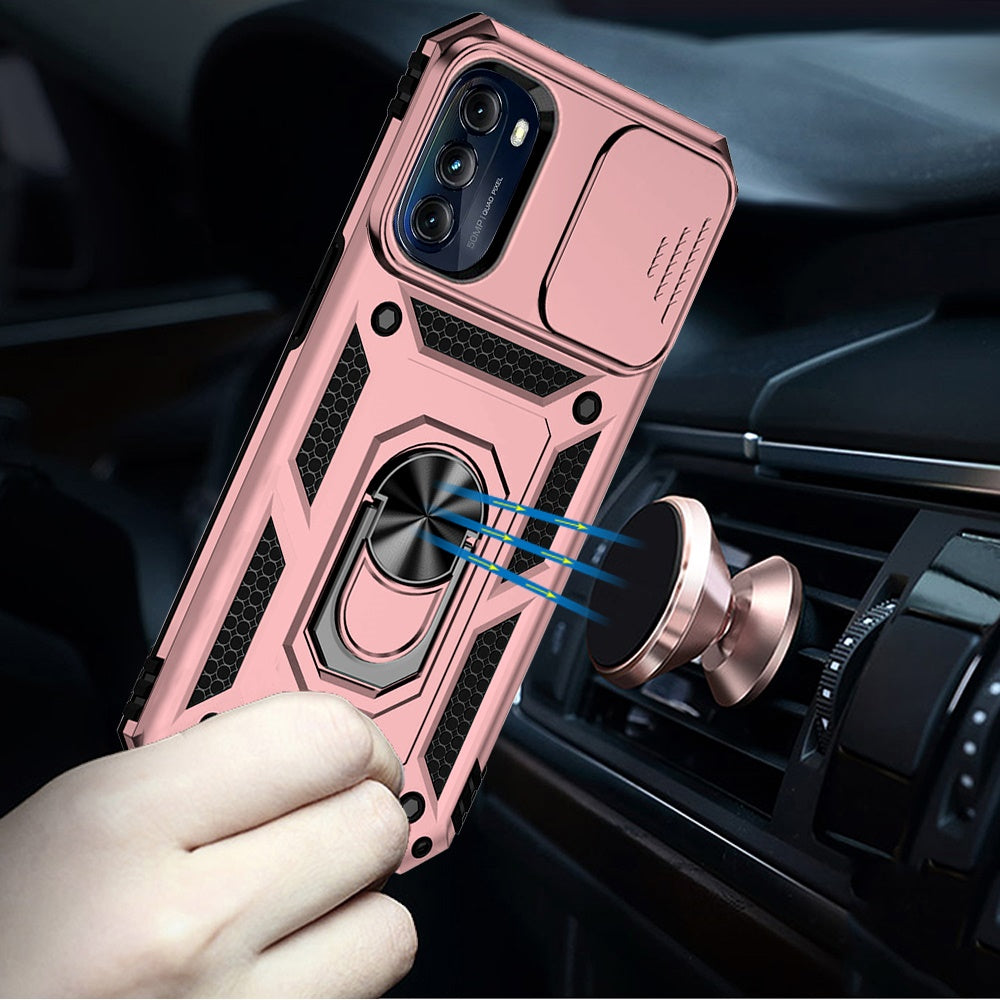 For Motorola Moto G 5G 2025 Hybrid Ring Shockproof with 360° Rotate Ring Kickstand, Camera Lens Protection, Soft Edge Bumper Case Cover Rose Gold