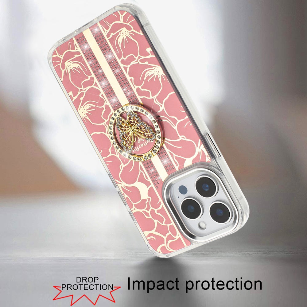 For Motorola Moto G 5G 2025 Diamonds 3D Butterfly Floral Design Bling Sparkly Glitter Hybrid Metal Fashion with Ring Stand Case Cover Light Pink