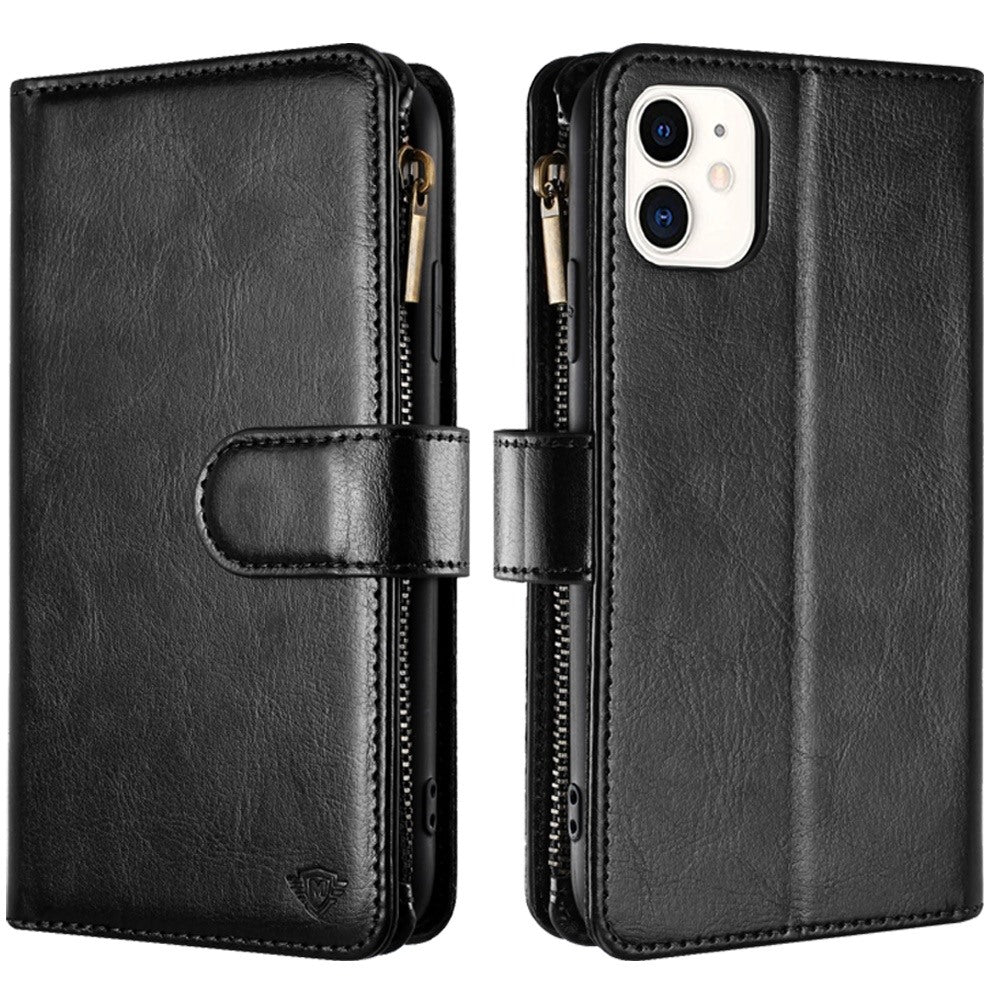 For Apple iPhone 16 Pro (6.3") Premium Leather Zipper Wallet with Credit Card Slots Money Pocket Luxury Clutch Pouch Stand & Strap Case Cover Black