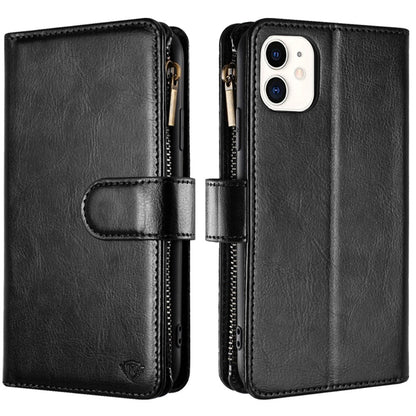 For Apple iPhone 16 Pro (6.3") Premium Leather Zipper Wallet with Credit Card Slots Money Pocket Luxury Clutch Pouch Stand & Strap Case Cover Black