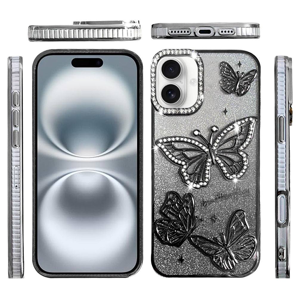For Apple iPhone 16 (6.1" ) Luxury Butterfly Sparkle Glitter Diamond Crystal Rhinestone Shimmer Bling Plating Thick TPU Hard PC Case Cover