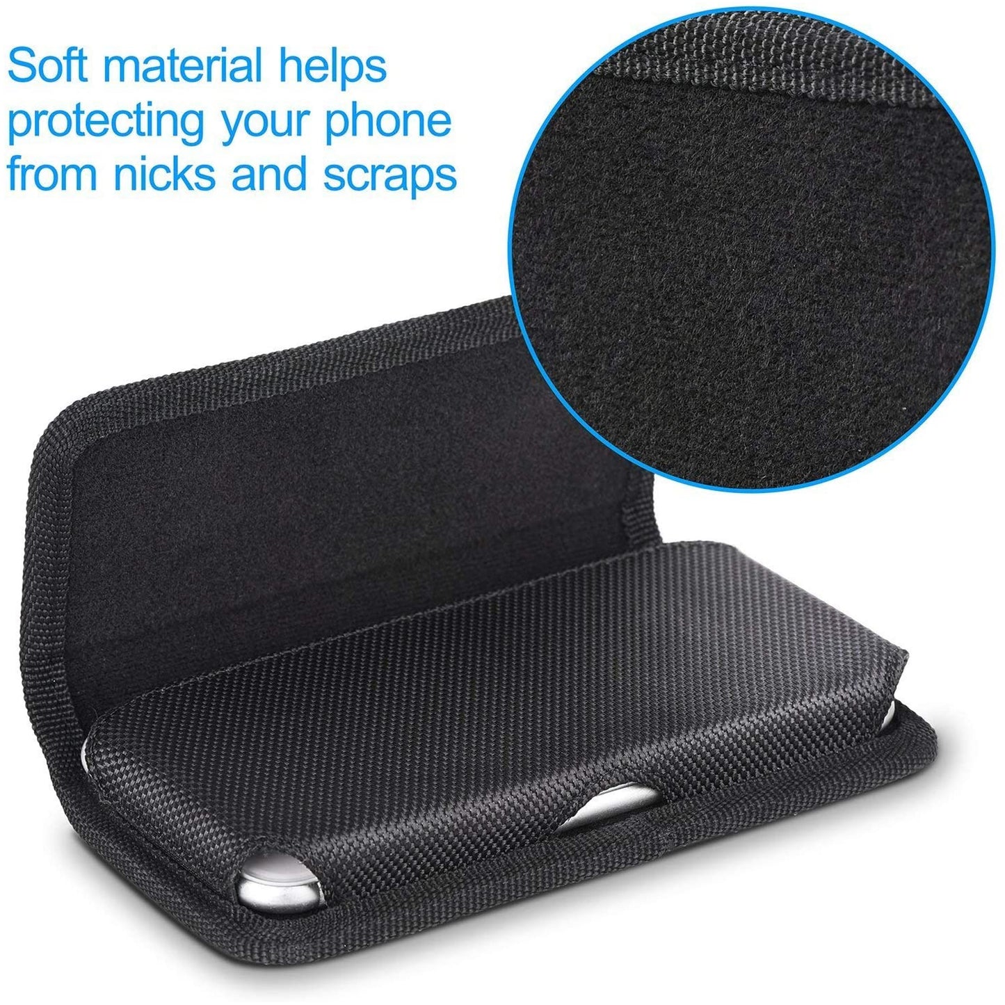 For Apple iPhone 16 (6.1") Nylon Canvas Fabric Waist Belt Holster Horizontal Pouch Holds Large Phone Works with Thick Cases Universal Cover [Black]