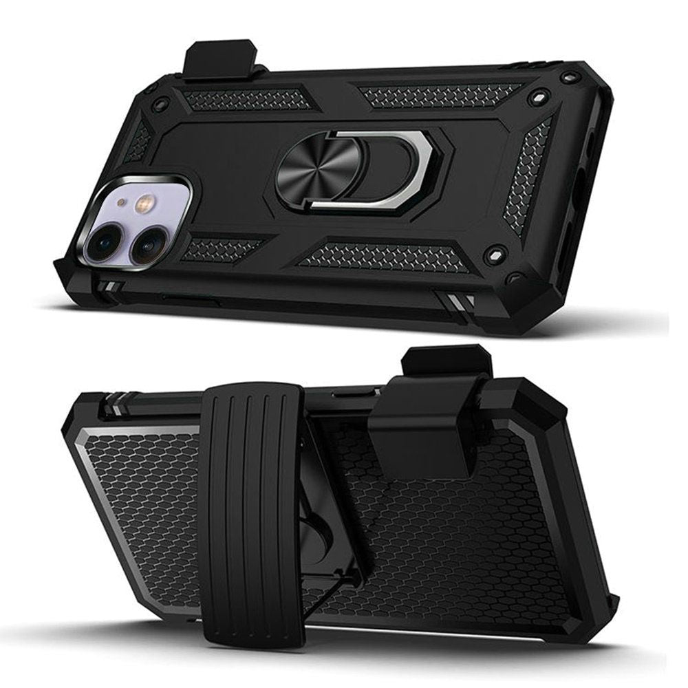 For Apple iPhone 16e Hybrid Combo Belt Clip Holster with Ring Stand Holder, Military Grade Fit Magnetic Car Mount Shockproof Case Cover Black