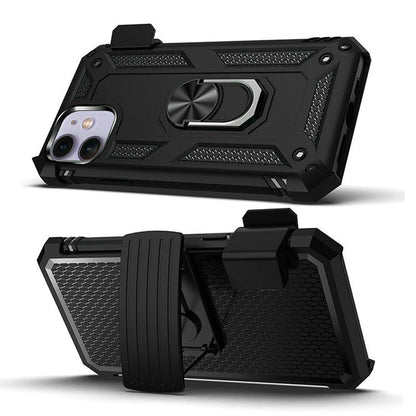 For Apple iPhone 16e Hybrid Combo Belt Clip Holster with Ring Stand Holder, Military Grade Fit Magnetic Car Mount Shockproof Case Cover Black