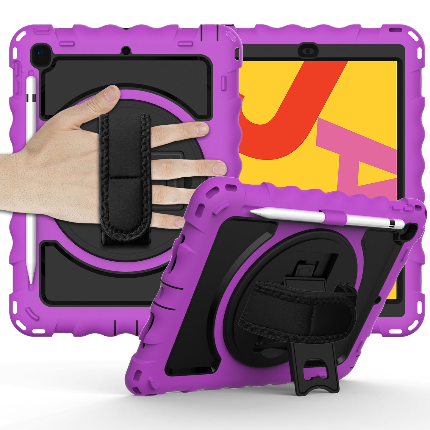 For Hybrid 3in1 Armor Rugged with Built-in Kickstand 360° Rotatable Stand & Shoulder Hand Strap Corner Shockproof Purple Tablet Case Cover