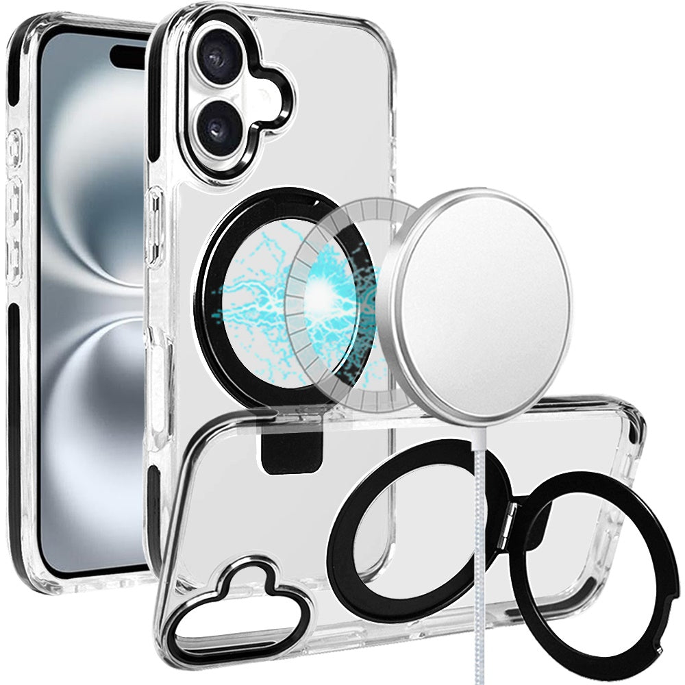 For Apple iPhone 16 Plus (6.7") Hybrid Transparent Circle Back Ring Kickstand [Compatible with MagSafe] Shockproof Color Frame Bumper Case Cover