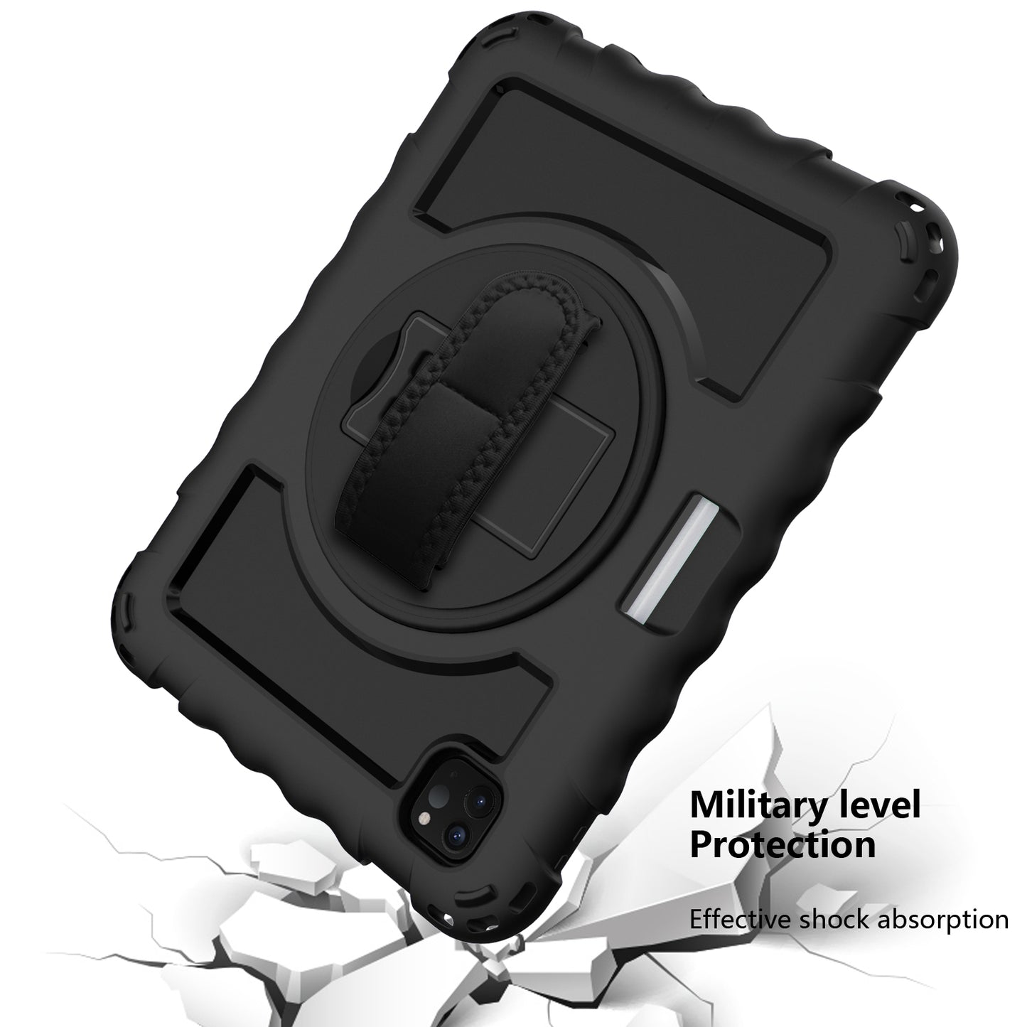 For Hybrid 3in1 Armor Rugged with Built-in Kickstand 360° Rotatable Stand & Shoulder Hand Strap Corner Shockproof Black Tablet Case Cover