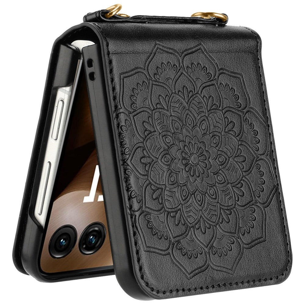 For Motorola Razr Ultra 2025 Embossed Floral PU Leather Henna Mandala Design Flip Cover with Strap, Hybrid Protective Case Cover