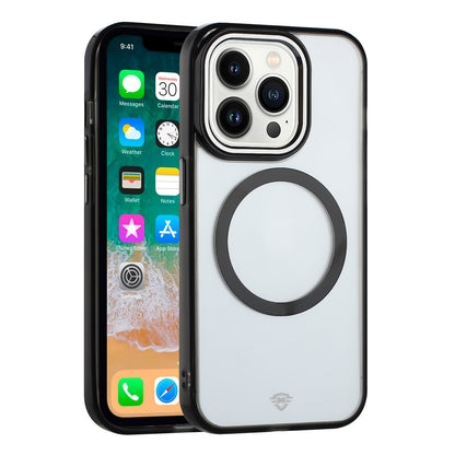 For Apple iPhone 14 Plus Transparent Back Hybrid Case - Magnetic Circle, Color Frame, Metal Buttons, MagSafe Compatible Case Cover