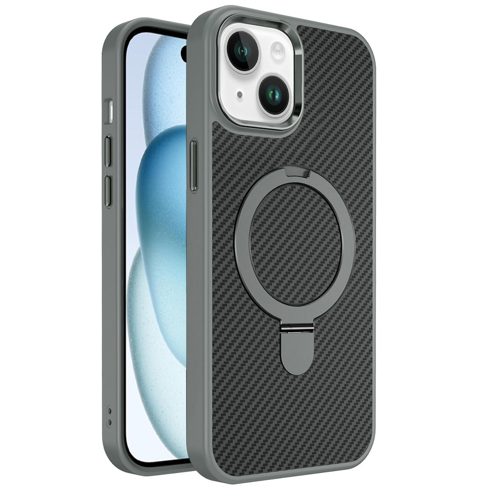 For Apple iPhone 15 Hybrid Carbon Fiber Design with MagSafe Compatible [Magnetic Circle], Ring Stand Shockproof Slim TPU Case Cover