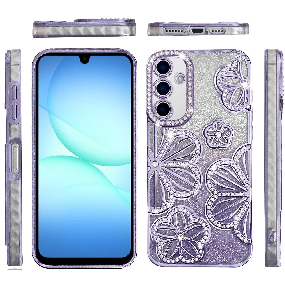 For Samsung Galaxy A17 5G Luxury Flower Design Sparkle Glitter Diamond Rhinestone Shimmer Bling Plating Thick TPU Hard PC Case Cover