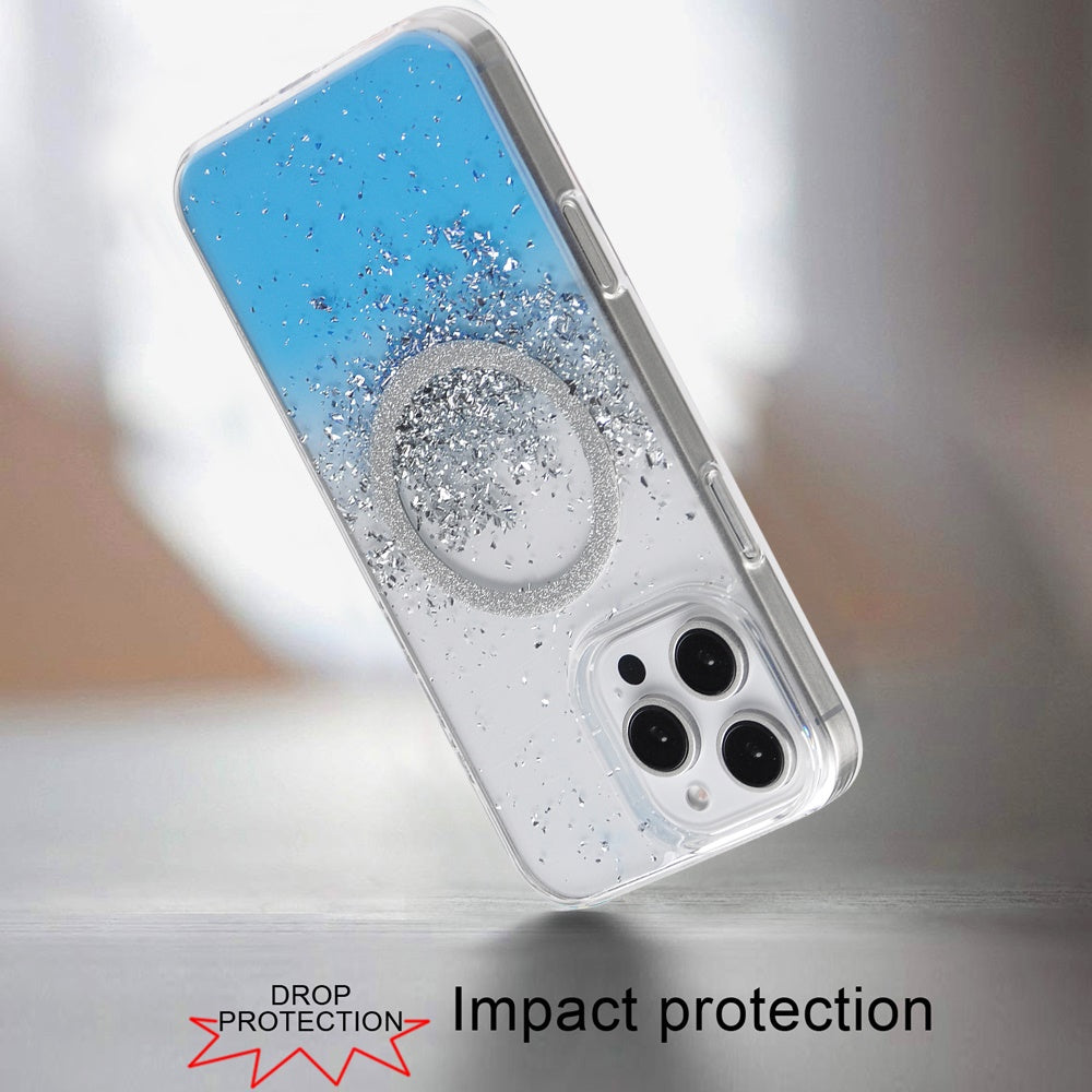 For Apple iPhone 16 Pro Max (6.9") Transparent Epoxy Glitter Magnetic Circle Compatible with MagSafe Hybrid Bling Sparkle Hard PC Slim TPU Case Cover