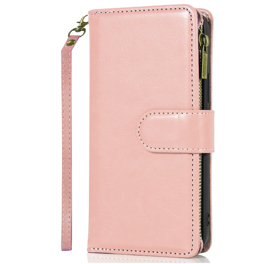 For Apple iPhone 16e Leather Wallet Case with Zipper, 9 Card Slots, Cash Pocket, Stand & Strap, Clutch Pouch Design Case Cover Rose Gold