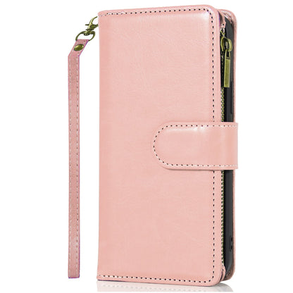 For Apple iPhone 16e Leather Wallet Case with Zipper, 9 Card Slots, Cash Pocket, Stand & Strap, Clutch Pouch Design Case Cover Rose Gold