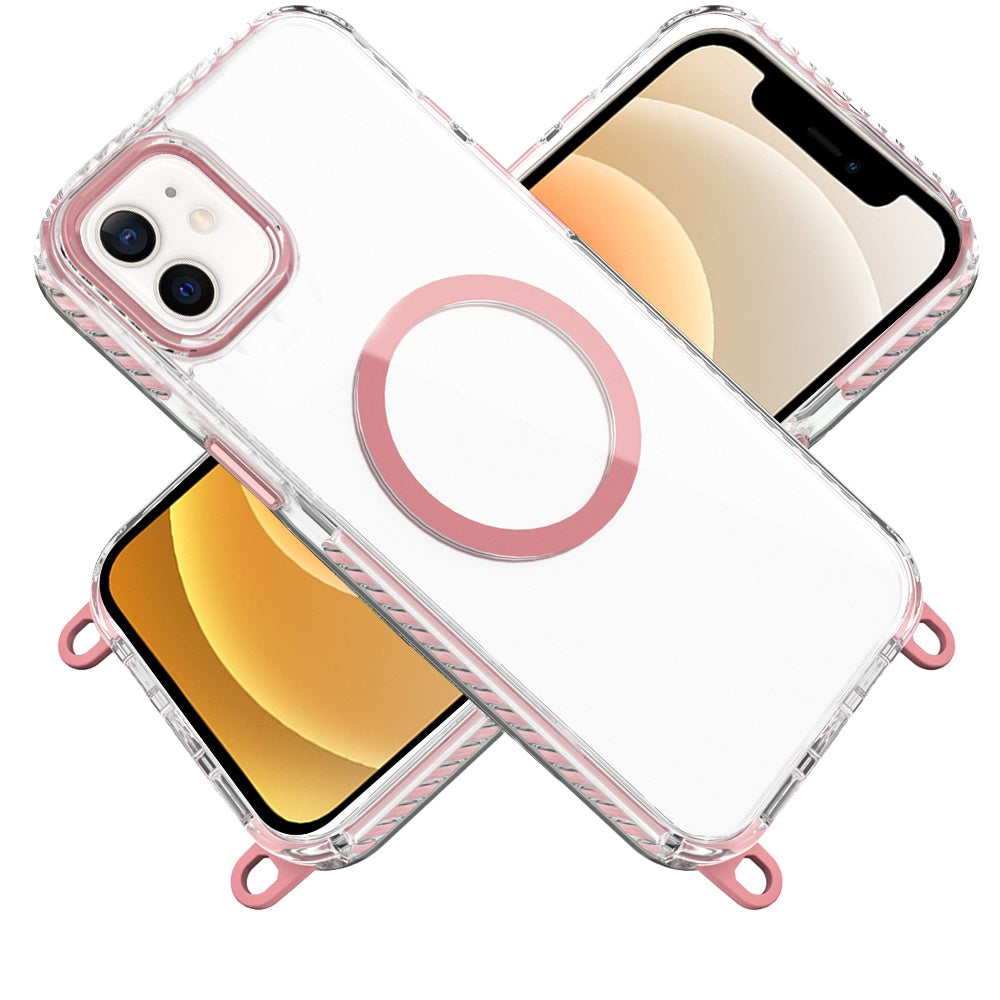For Apple iPhone 16 (6.1") Clear Magnetic Frame PC Back Shockproof Protective Case with Detachable Lanyard Strap, Compatible with MagSafe Case Cover