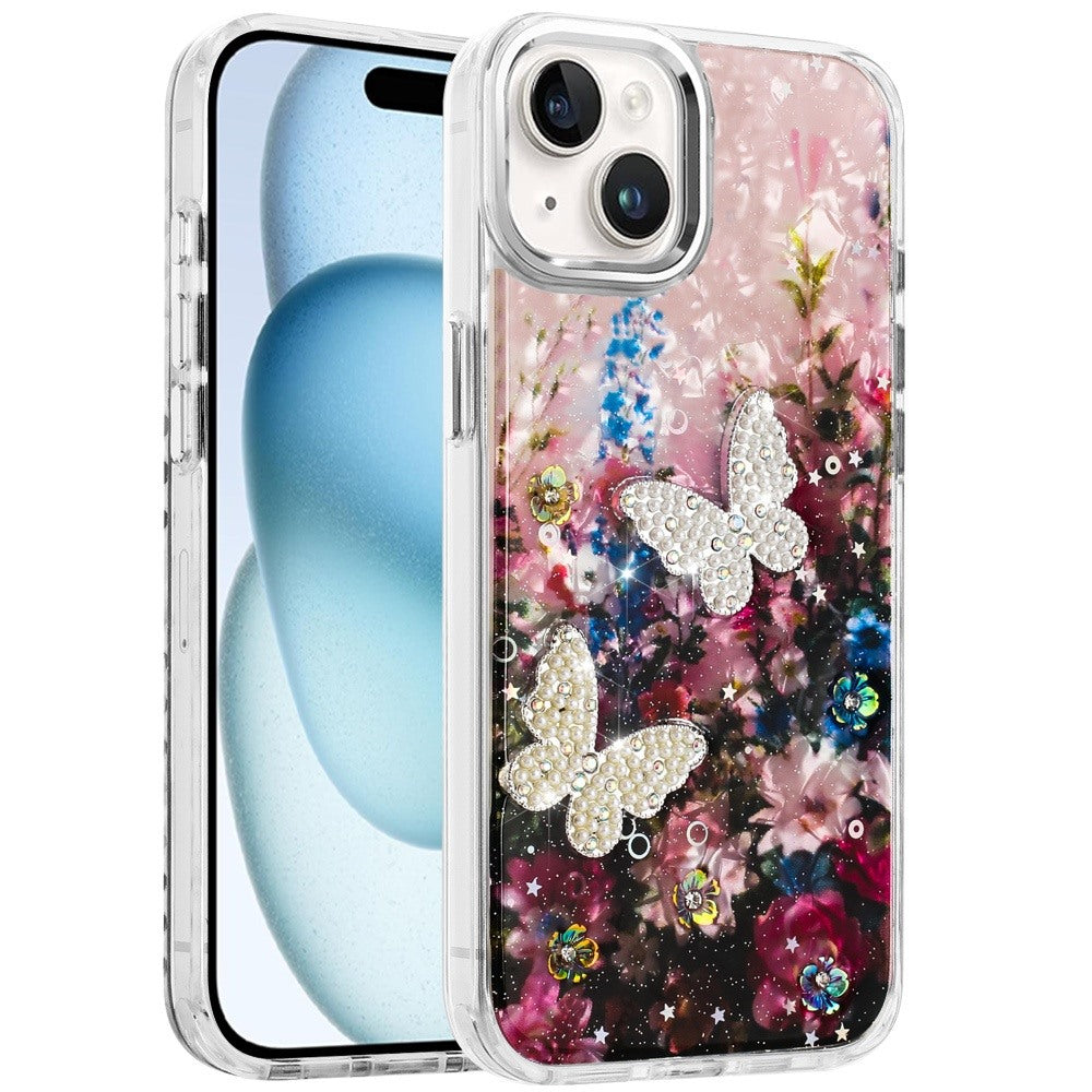 For Apple iPhone 11 Epoxy Glitter Flowers Bling 3D Butterfly Fashion TPU Hybrid with Shockproof Protection Case Cover