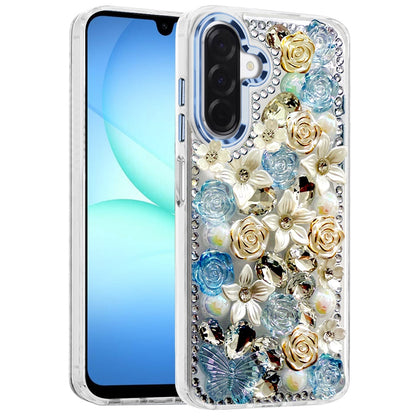 For Samsung Galaxy A17 5G 3D Diamond Floral Roses Flower Bling Stone Hybrid, Sparkly Rhinestone Gemstone Back Shockproof Case Cover