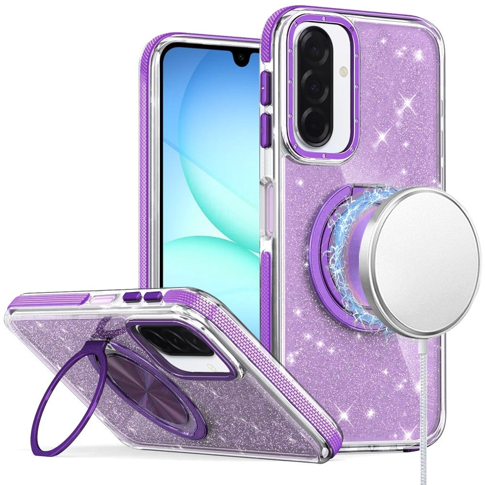 For Samsung Galaxy A17 5G Slim Bling Glitter Sparkly Shimmer Hybrid with Magnetic Ring and 360° Rotational Stand [Compatible with Magsafe] Case Cover