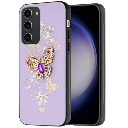 For Apple iPhone 16e Diamonds 3D Butterfly Bling Sparkly Glitter Ornaments Engraving Hybrid Metal Fashion Case Cover Purple Garden Butterflies