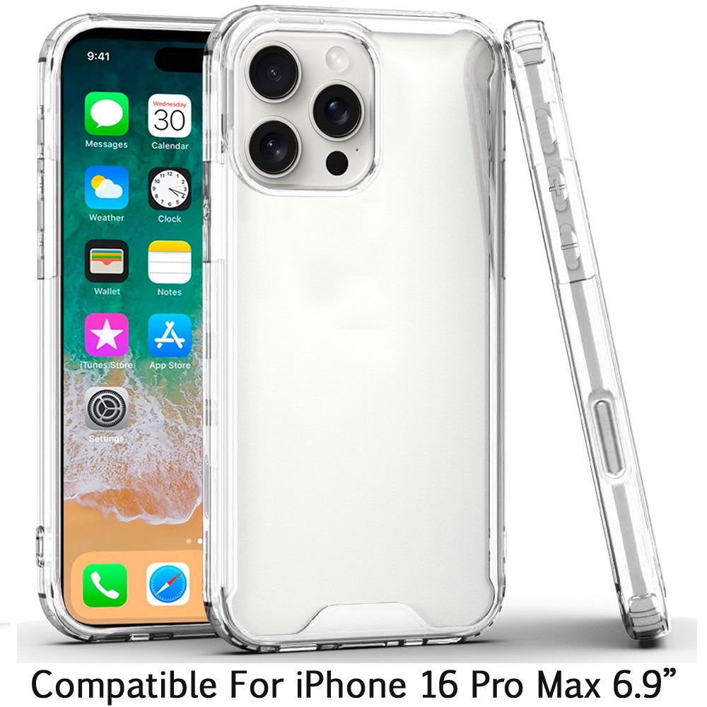 For Apple iPhone 16 Pro Max (6.9") Premium Hybrid Clear Shockproof Transparent Hard PC + Rubber TPU Bumper Frame Shell Slim Case Cover Clear