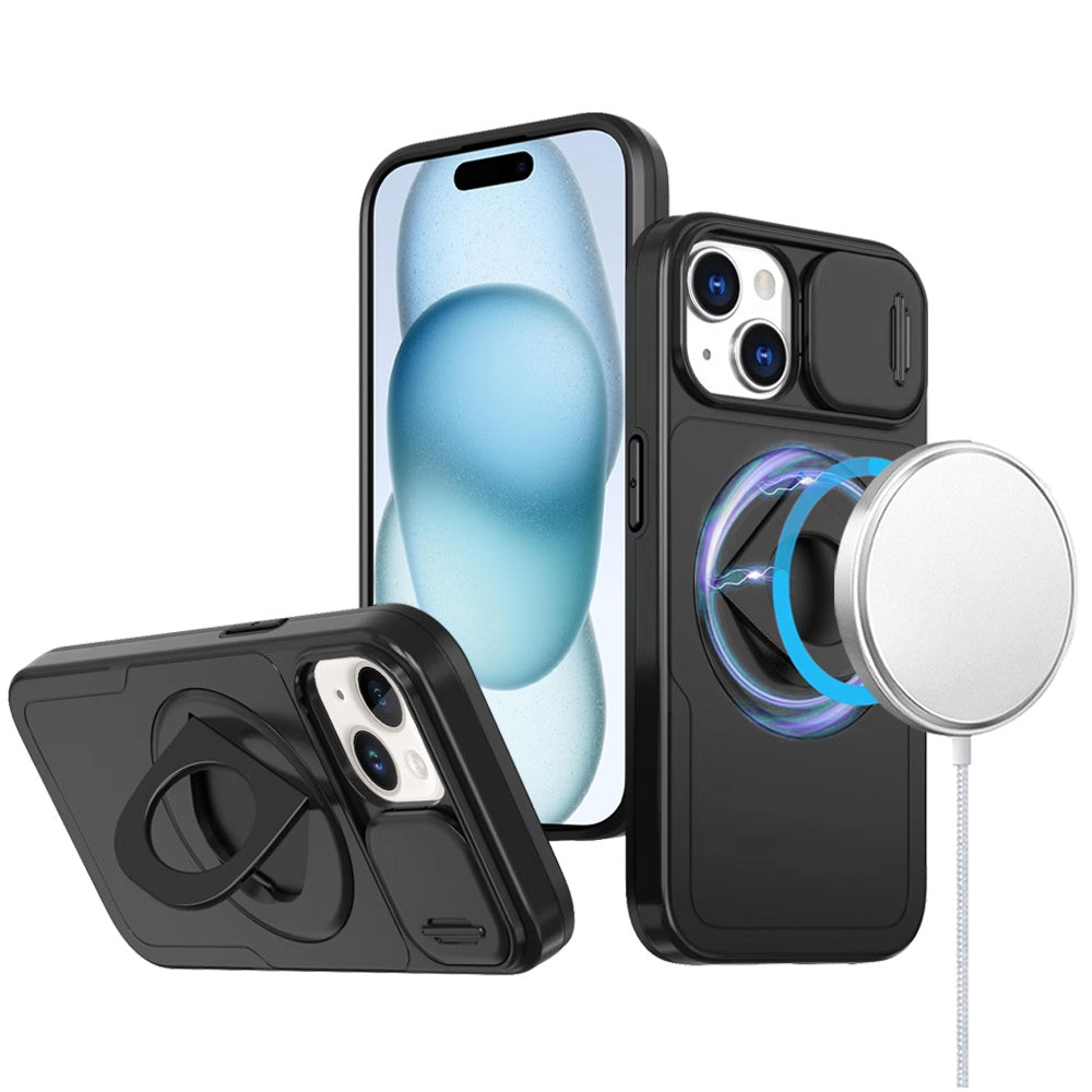 For Apple iPhone 14 Pro Max Full Coverage with Camera Window, Magnetic Circle, Rotatable Ring Stand, MagSafe Compatible, Shockproof Hybrid Protectiv Case Cover