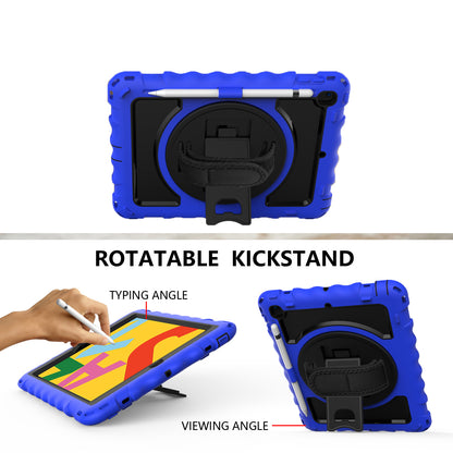 For Hybrid 3in1 Armor Rugged with Built-in Kickstand 360° Rotatable Stand & Shoulder Hand Strap Corner Shockproof Blue Tablet Case Cover