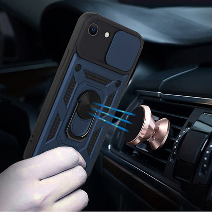 For Apple iPhone 16e Hybrid Case with Slide Camera Lens Cover, Ring Kickstand, Heavy-Duty Dual Layer TPU, Fit Magnet Car Mount Case Cover