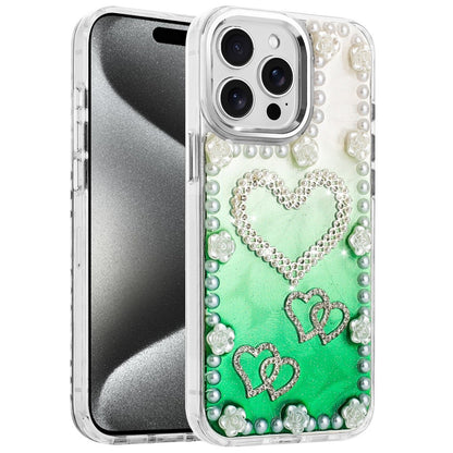For Apple iPhone 16 Pro Max Bling Fashion Design with 3D Pearls Epoxy Glitter Ornaments Chrome Edge Hard Slim PC Case Cover