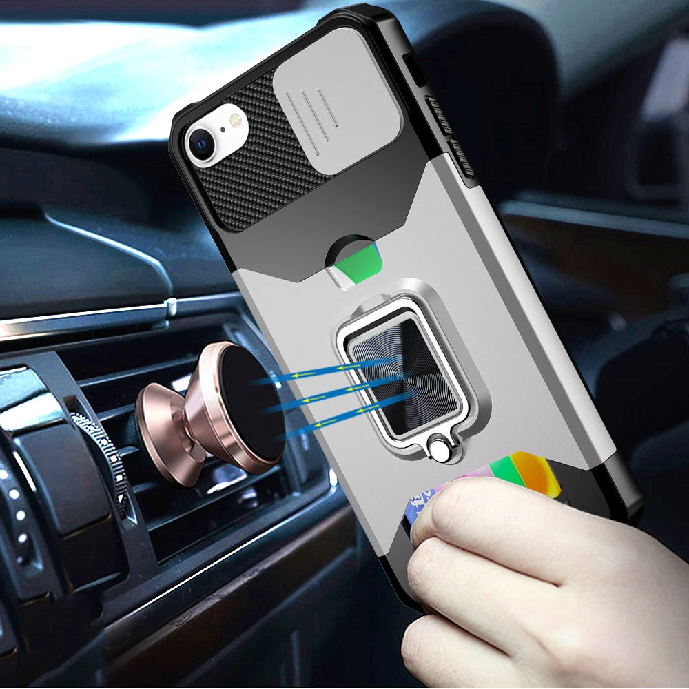 For Apple iPhone 16e Wallet Case with Ring Stand & Slide Camera Cover Back Credit Card Slot Holder, Military Grade Case Cover Silver