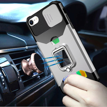 For Apple iPhone 16e Wallet Case with Ring Stand & Slide Camera Cover Back Credit Card Slot Holder, Military Grade Case Cover Silver