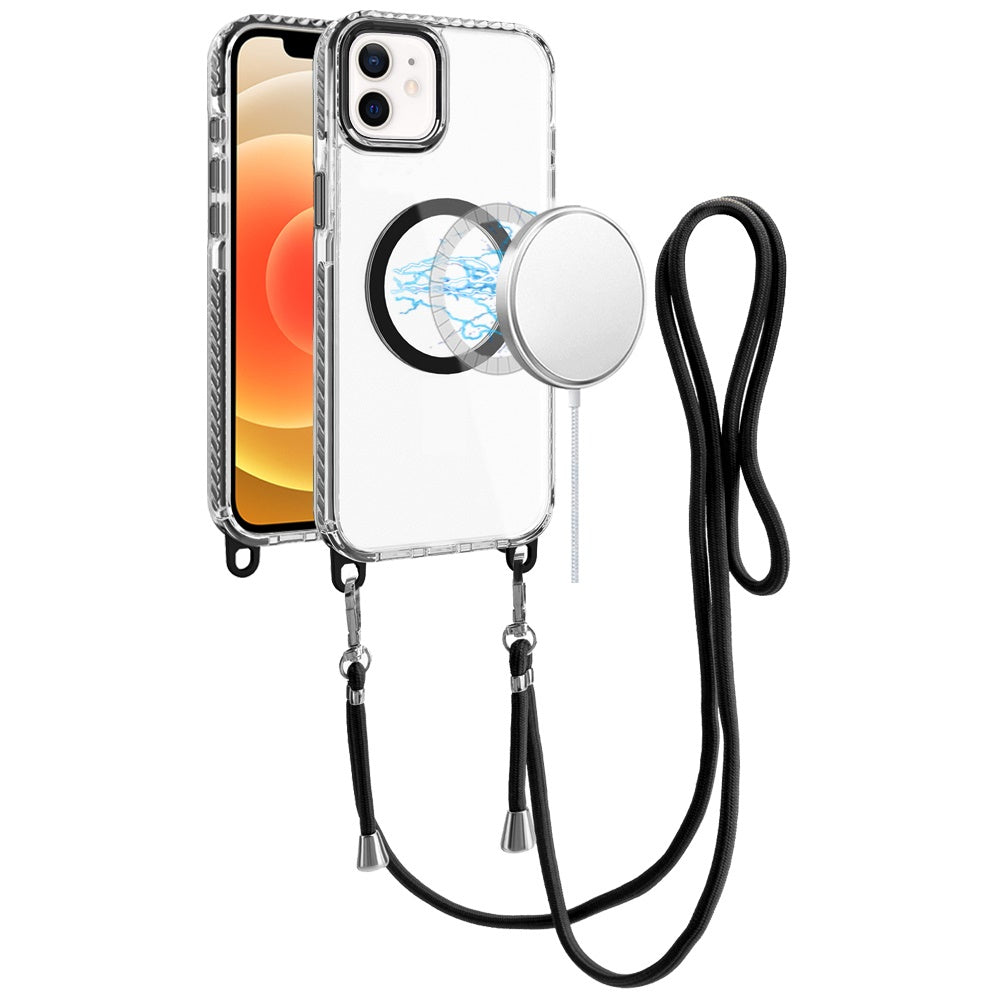 For Apple iPhone 15 Pro Max Clear Magnetic Frame PC Back Shockproof Protective Case with Detachable Lanyard Strap, Compatible with MagSafe Case Cover