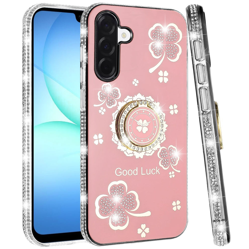 For Samsung Galaxy A17 5G Diamonds Bling All Around Edges Sparkly Glitter Hybrid with Ring Stand Holder Fashion Good Luck Case Cover